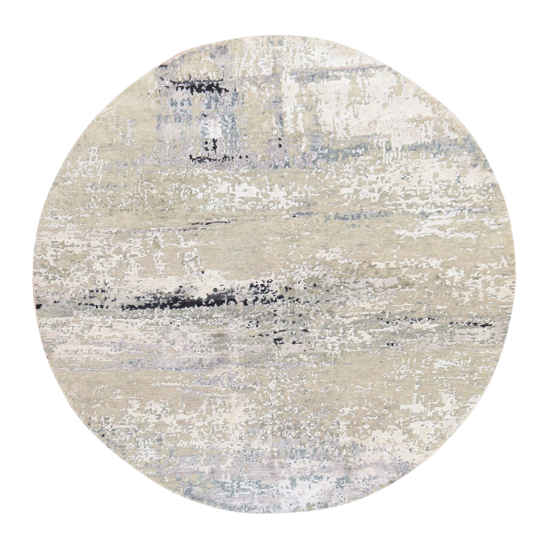 6'x6' Beige-Gray, Wool & Silk, Modern Abstract Design, Hand Knotted, Hi-Low Pile, Round, Oriental Rug 